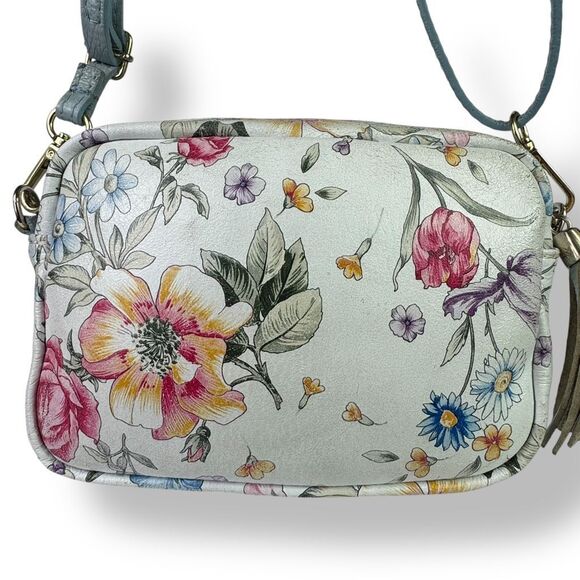 Firenze Italy Italian Handmade Hand Painted Floral Crossbody Bag White Leather - Picture 5 of 12